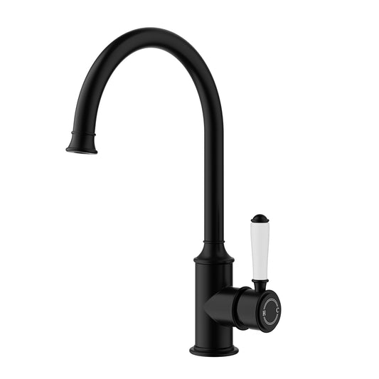 Ikon Clasico Gooseneck Sink Mixer Matte Black - Ceramic Handle